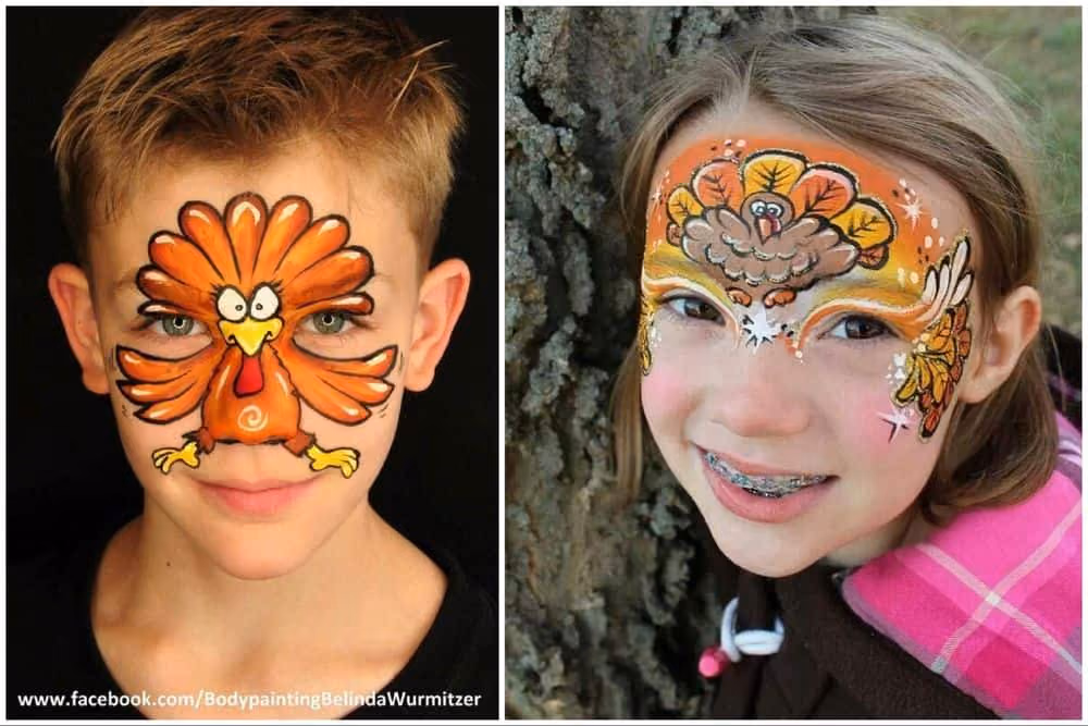 a boy and a girl with two different versions of thanksgiving turkey face paintings