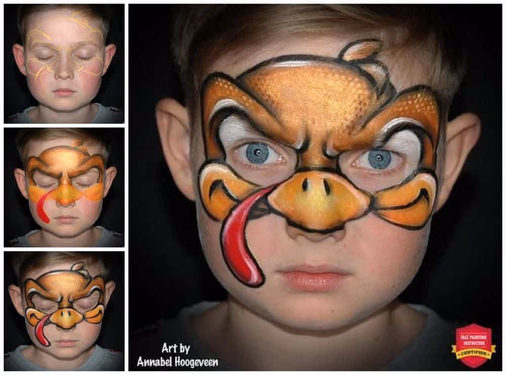 four images that show the progress of creating a turkey face painting on a boys face
