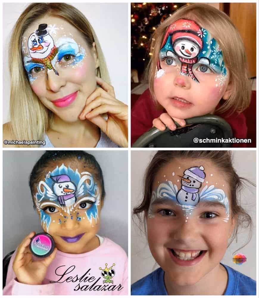 a woman and three girls with snowman face paint designs