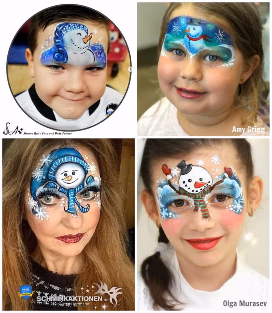 a woman and three children with snowman face paint designs