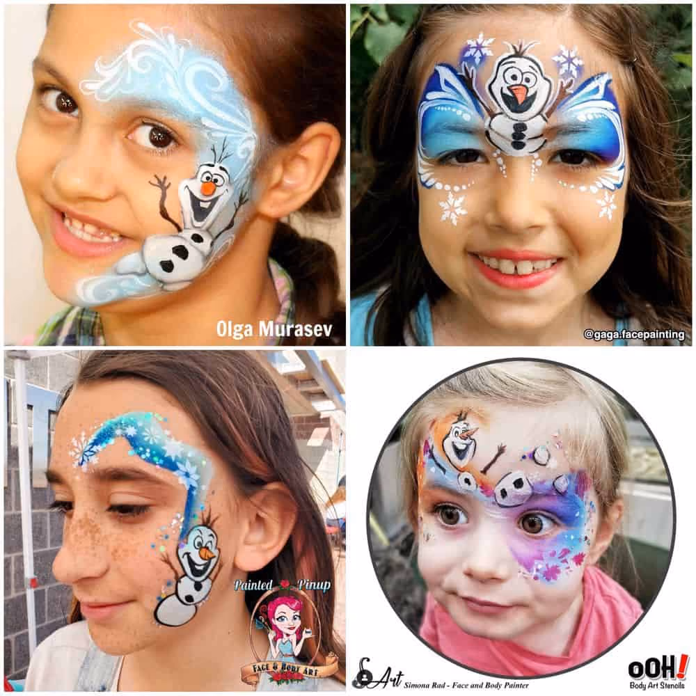 four girls wearing snowman from frozen face painting designs