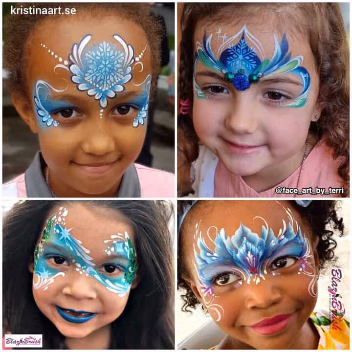 four little girls with different ice princess face paint designs