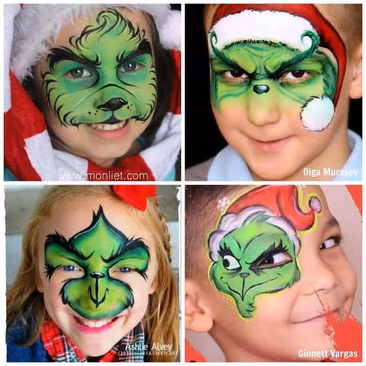 four images of people having different grinch face paintings