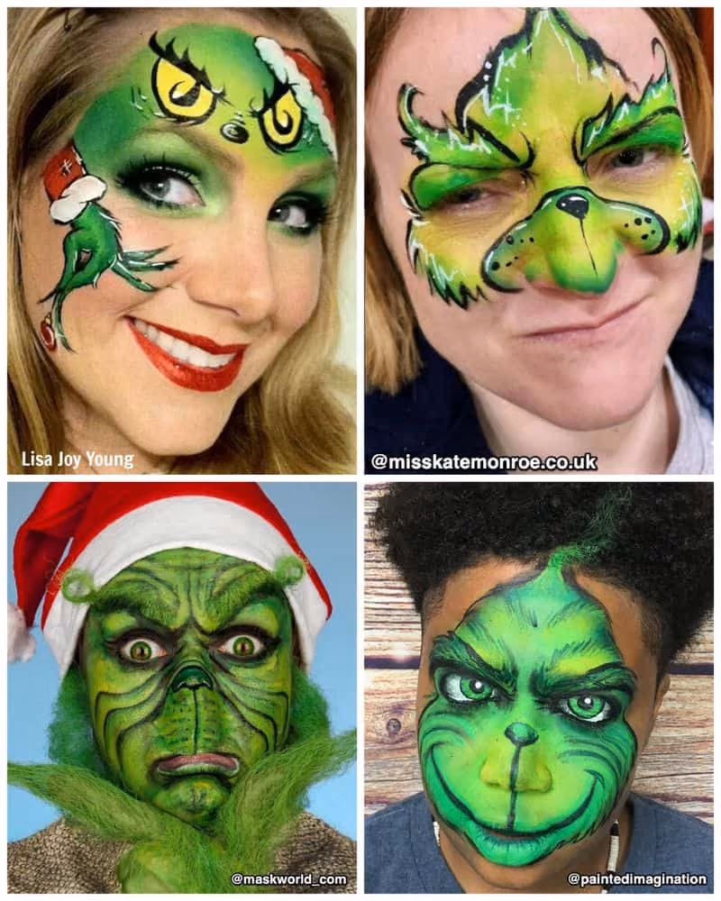 four images of different versions of the grinch face pain designs