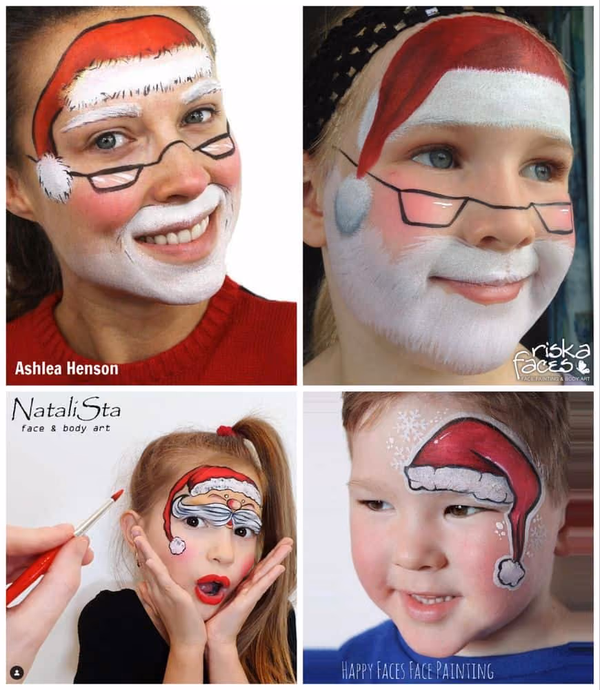 four different santa clause face paint designs on 4 different kids and girls