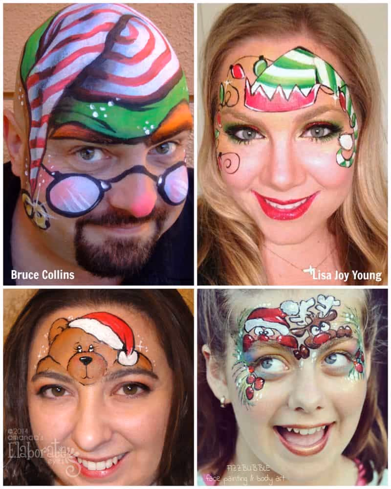 an image of four people - two people wearing an elf face painting, one wearing a christmas bear and the fourth wearing a raindeer faca painting