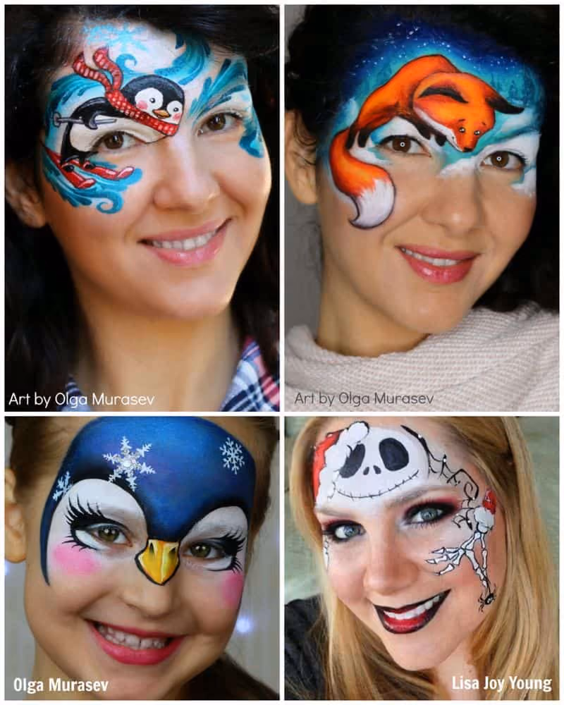 four different christmas face paint designs. two are one girl and the other two are on two different girls