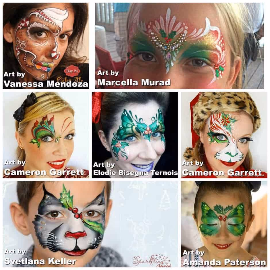 four women, two girls and a boy with a christmas face painting designs
