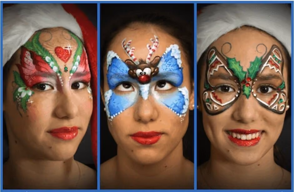 an image of a woman with three different christmas face paint designs on her