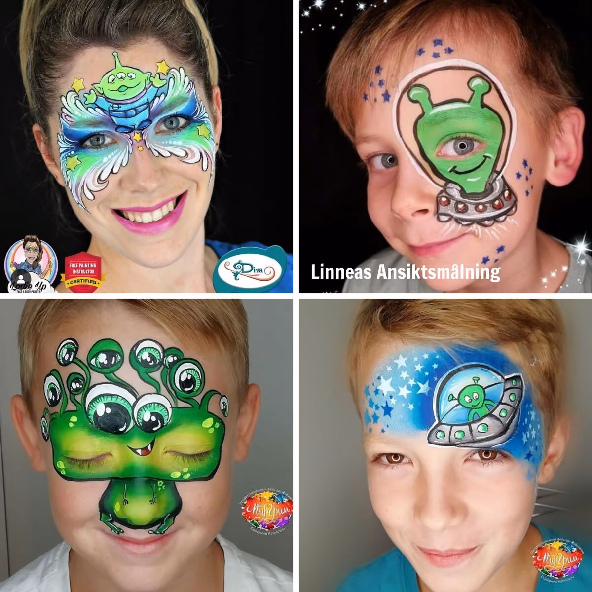 four different cartoony alien face paint designs