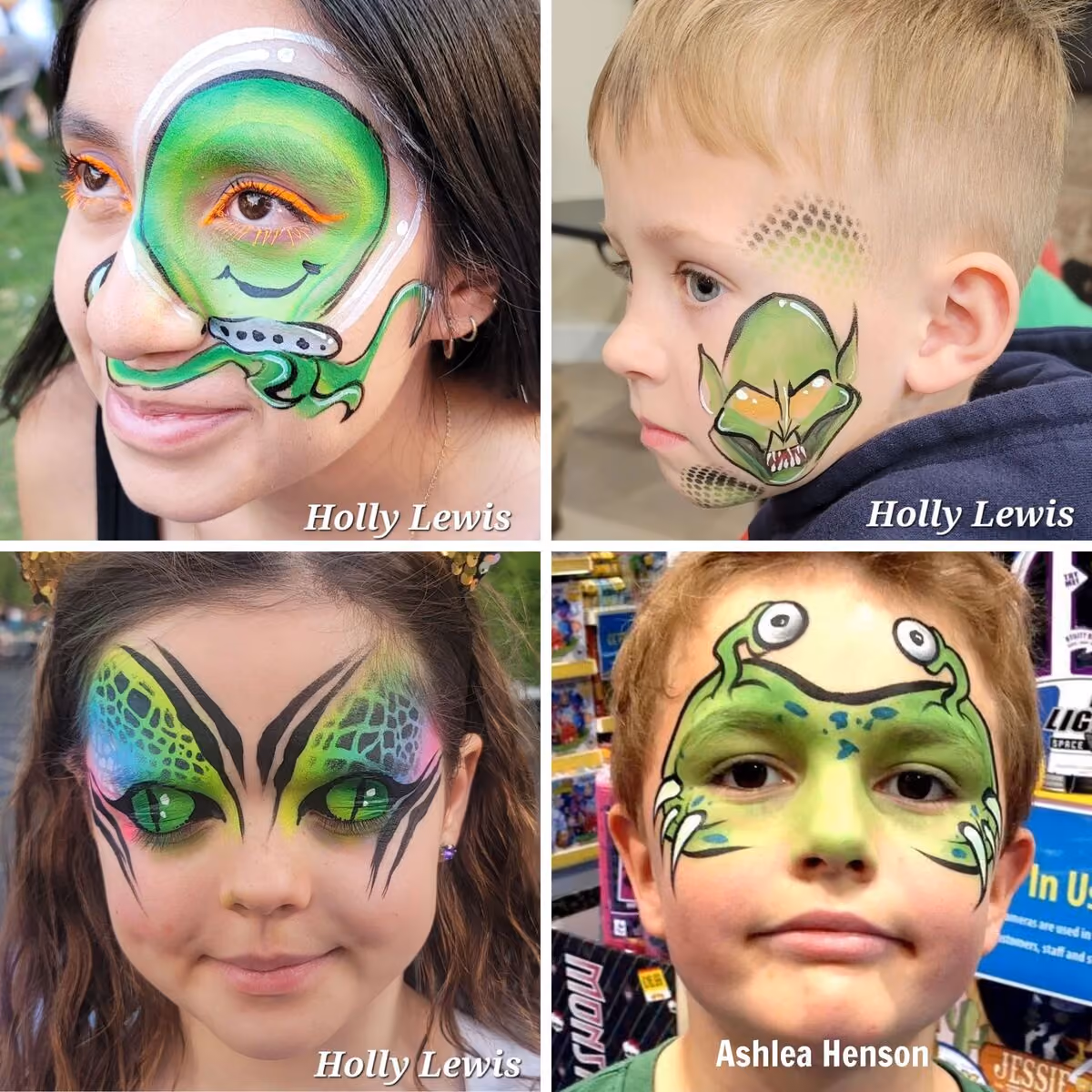 a woman and three children wearing different kid alien face paint designs