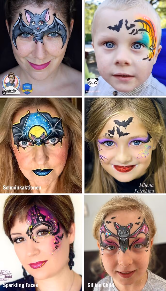 three women and three children wearing bat face paint designs