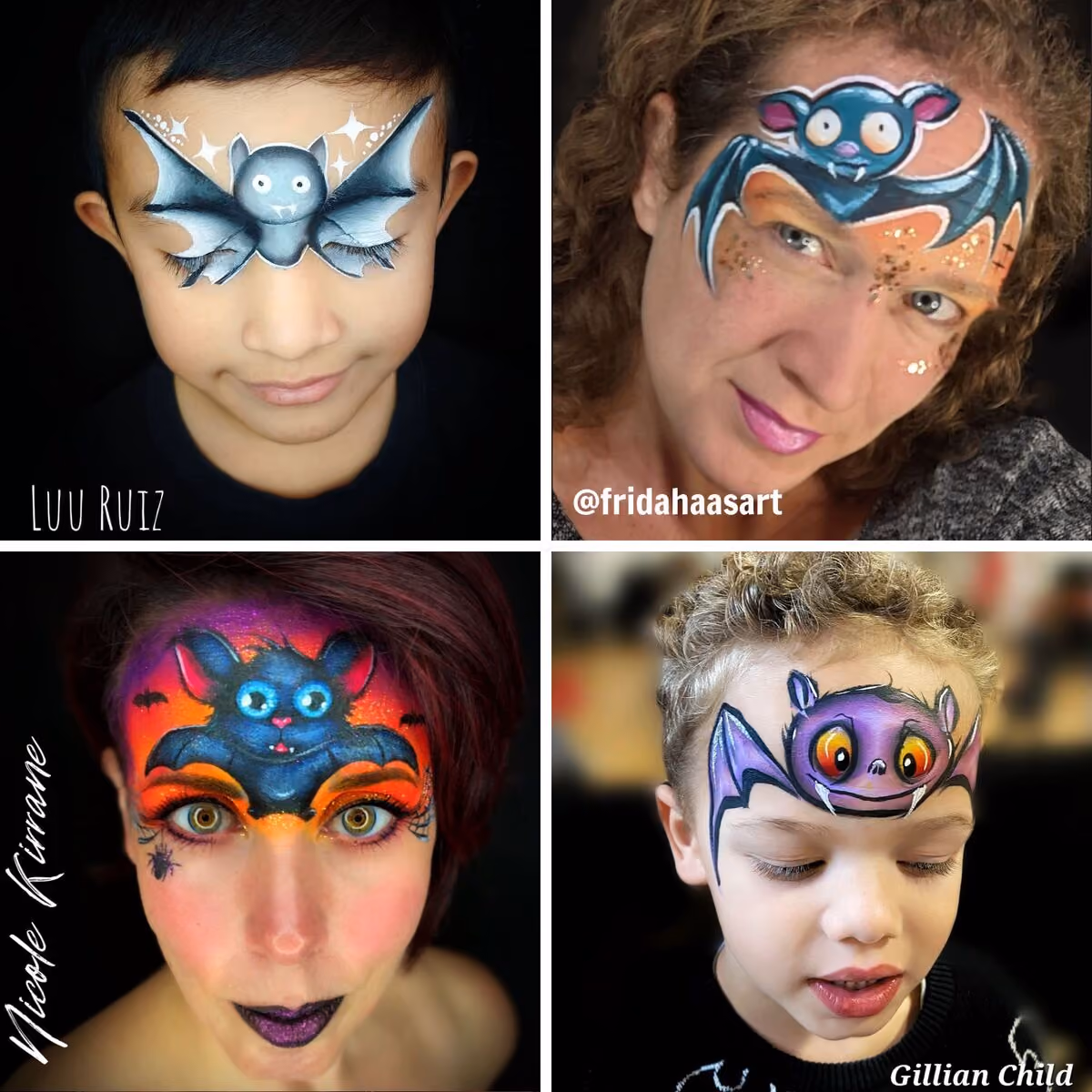 four people wearing halloween bat face paint designs