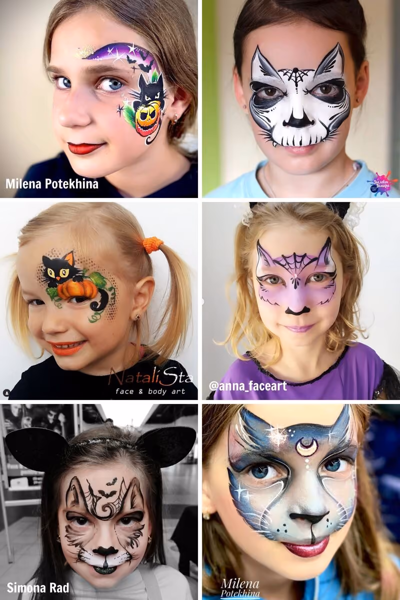 four young girls wearing halloween cat face paint designs