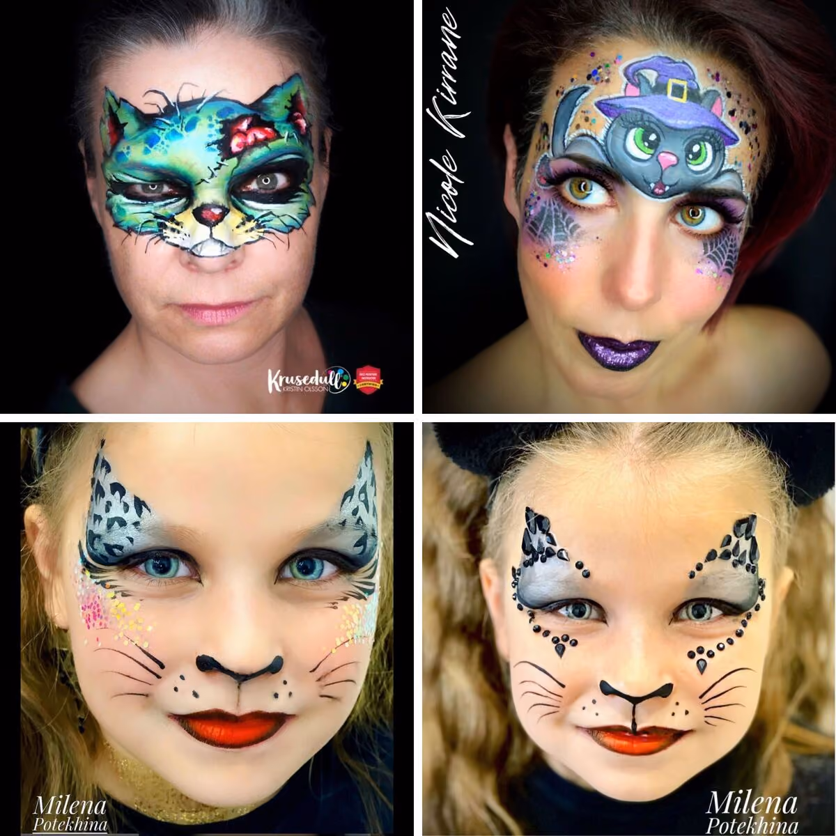 four different kitty cat face paint designs on two women and two young girls