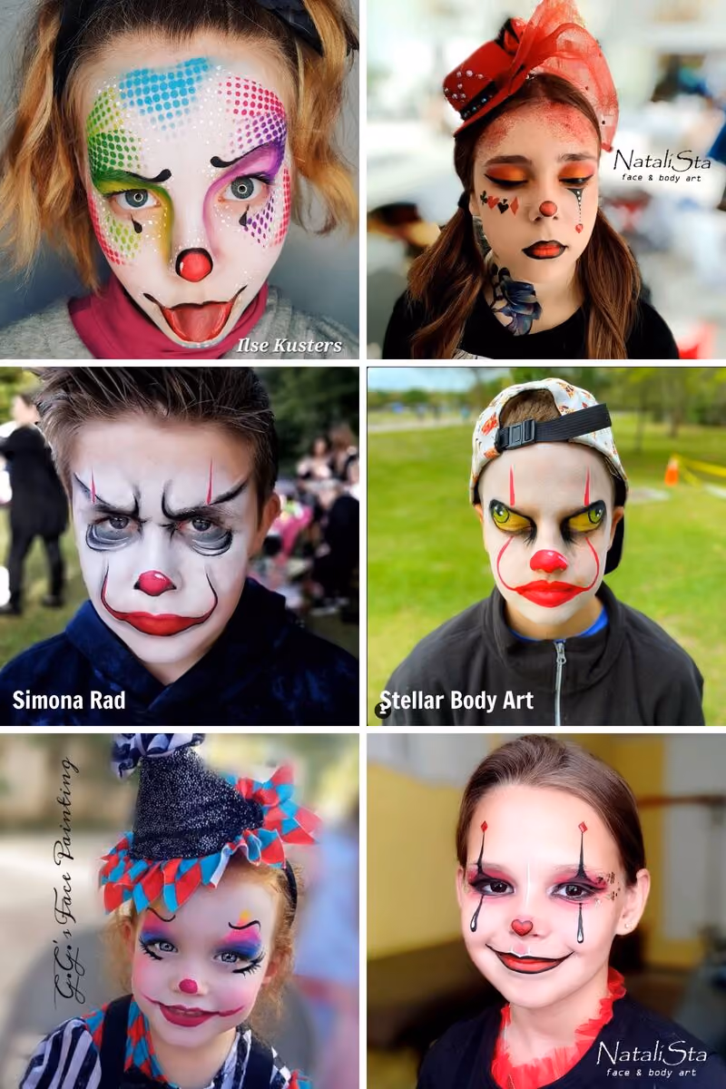 six children wearing creepy halloween clown face paint designs