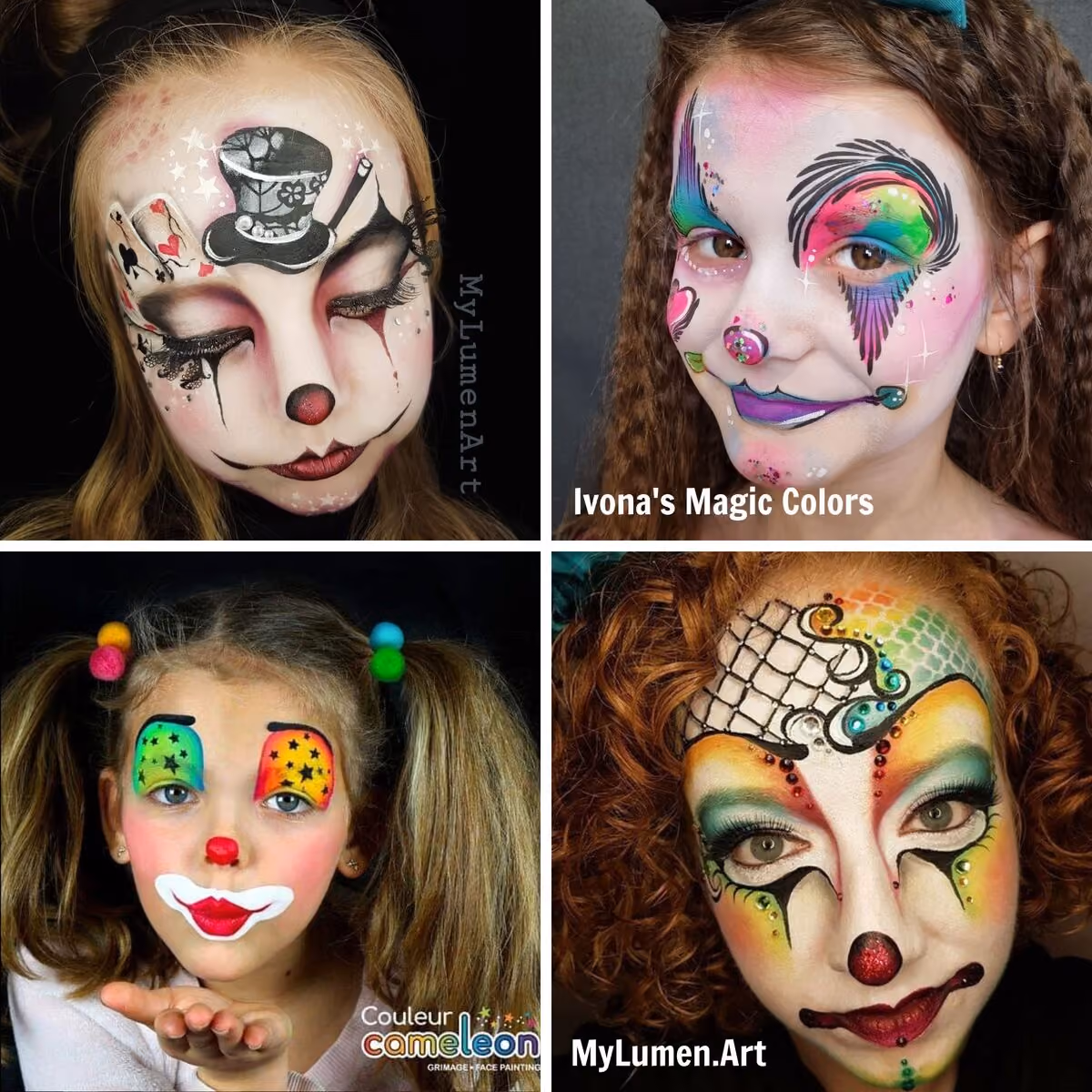 four girls wearing different horror clown face paint designs