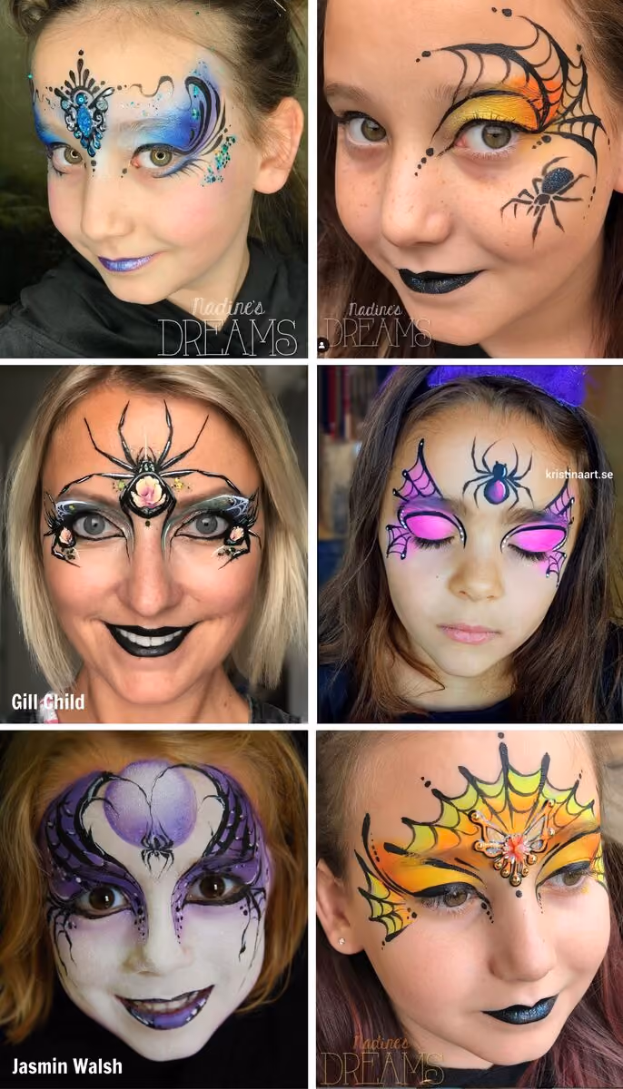 a woman and five girls wearing cobweb queen face painting designs