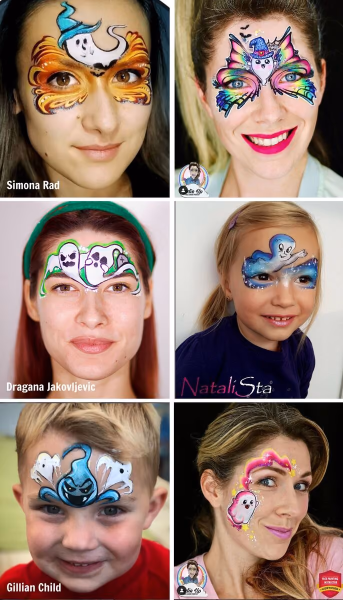 four women and two children wearing cute ghost face paint designs