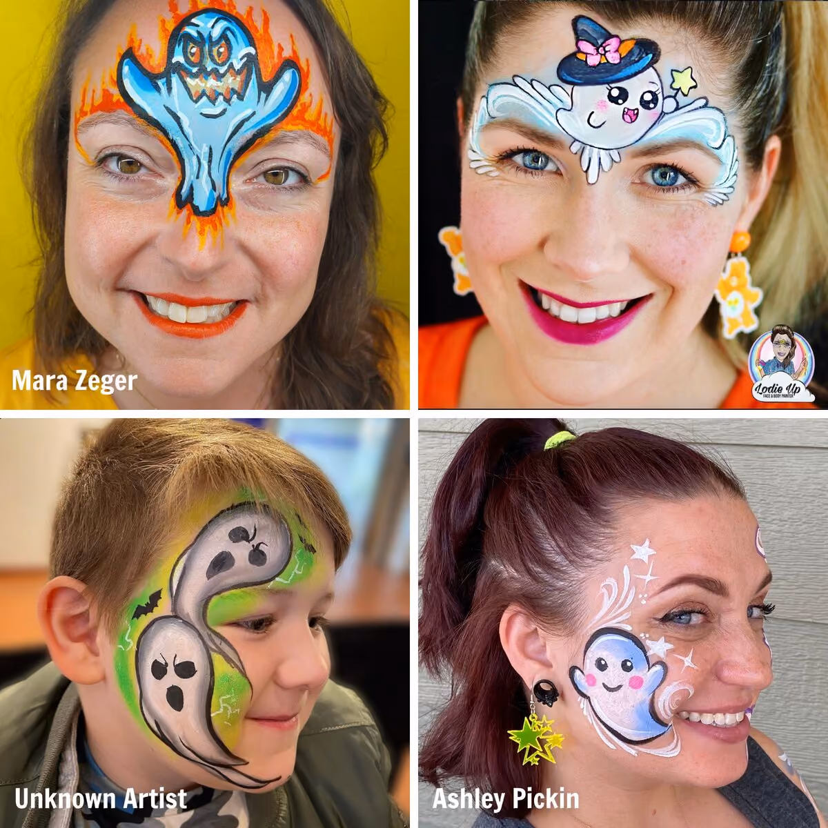 four people wearing four different ghost face paint designs