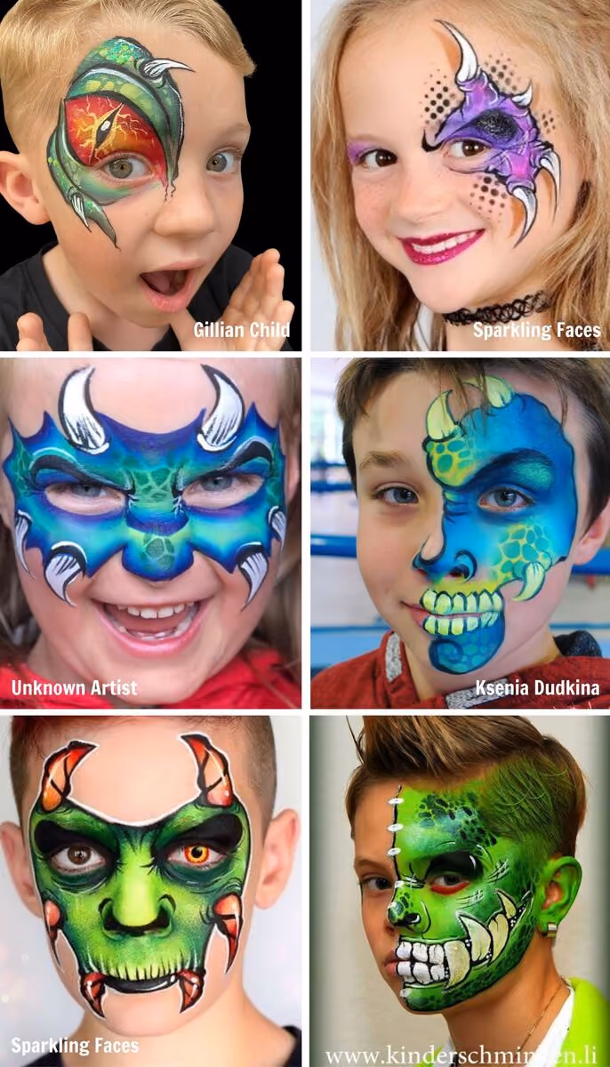 six children wearing different monster face paintings for halloween