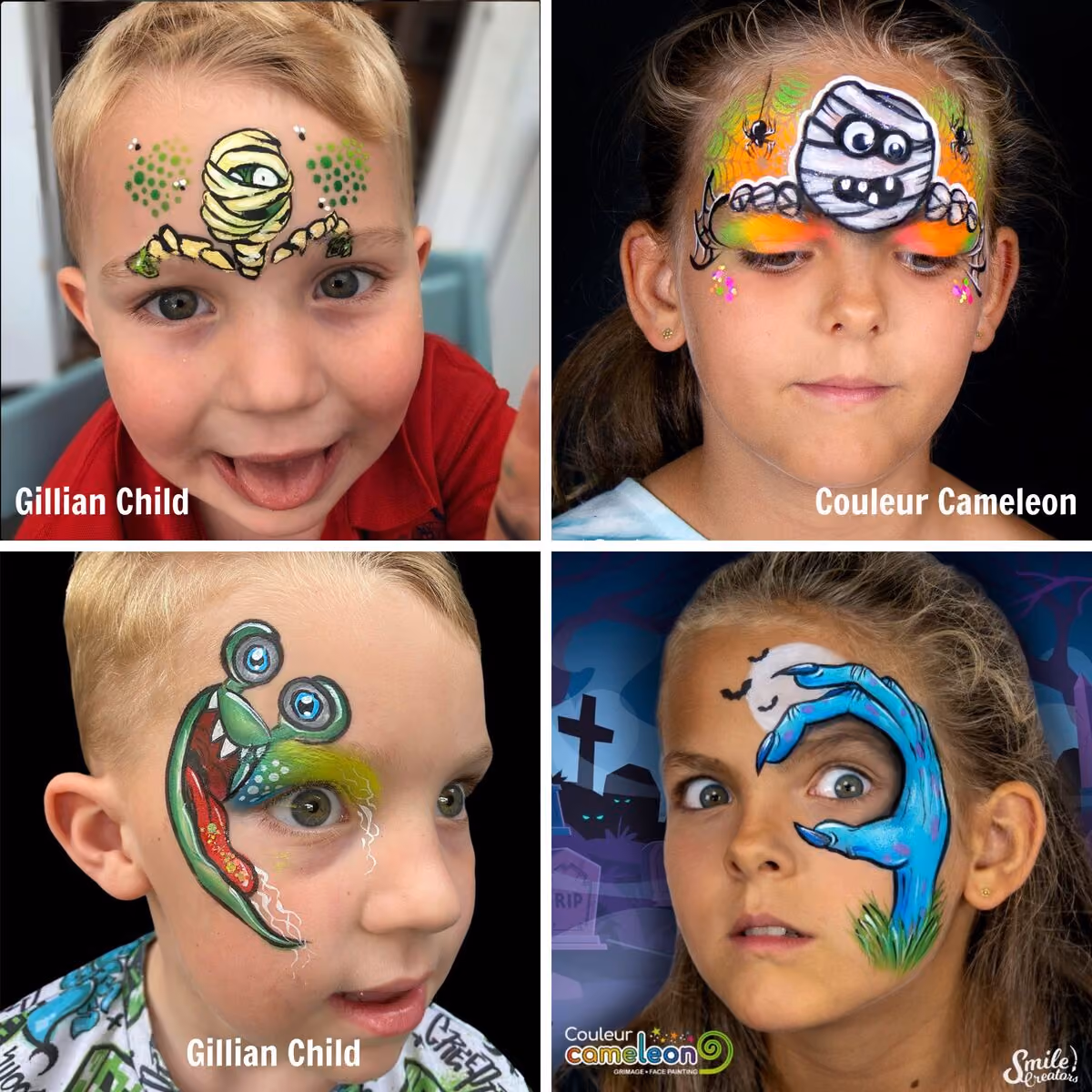 four children wearing mummy, zombie, and other horror face paint designs