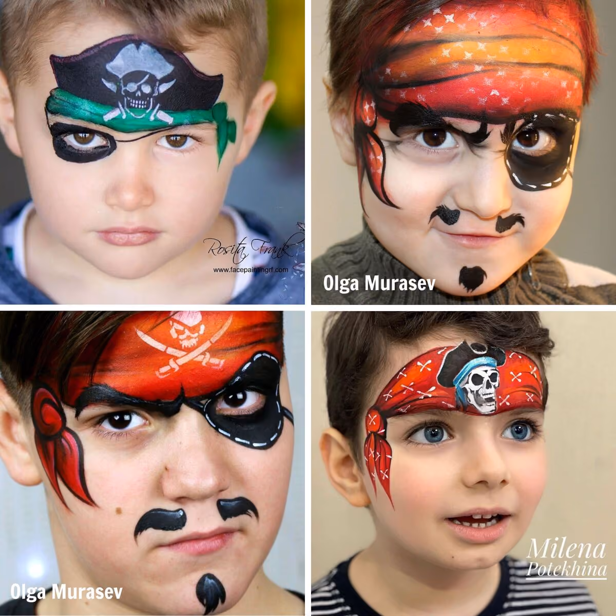 four boys with different pirate face paint designs