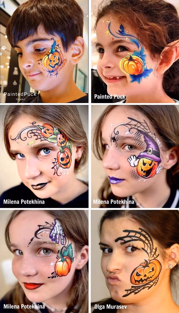 six different people wearing different pumpkin face paint designs