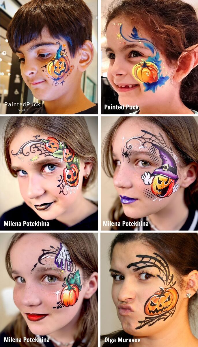 six different people wearing different pumpkin face paint designs