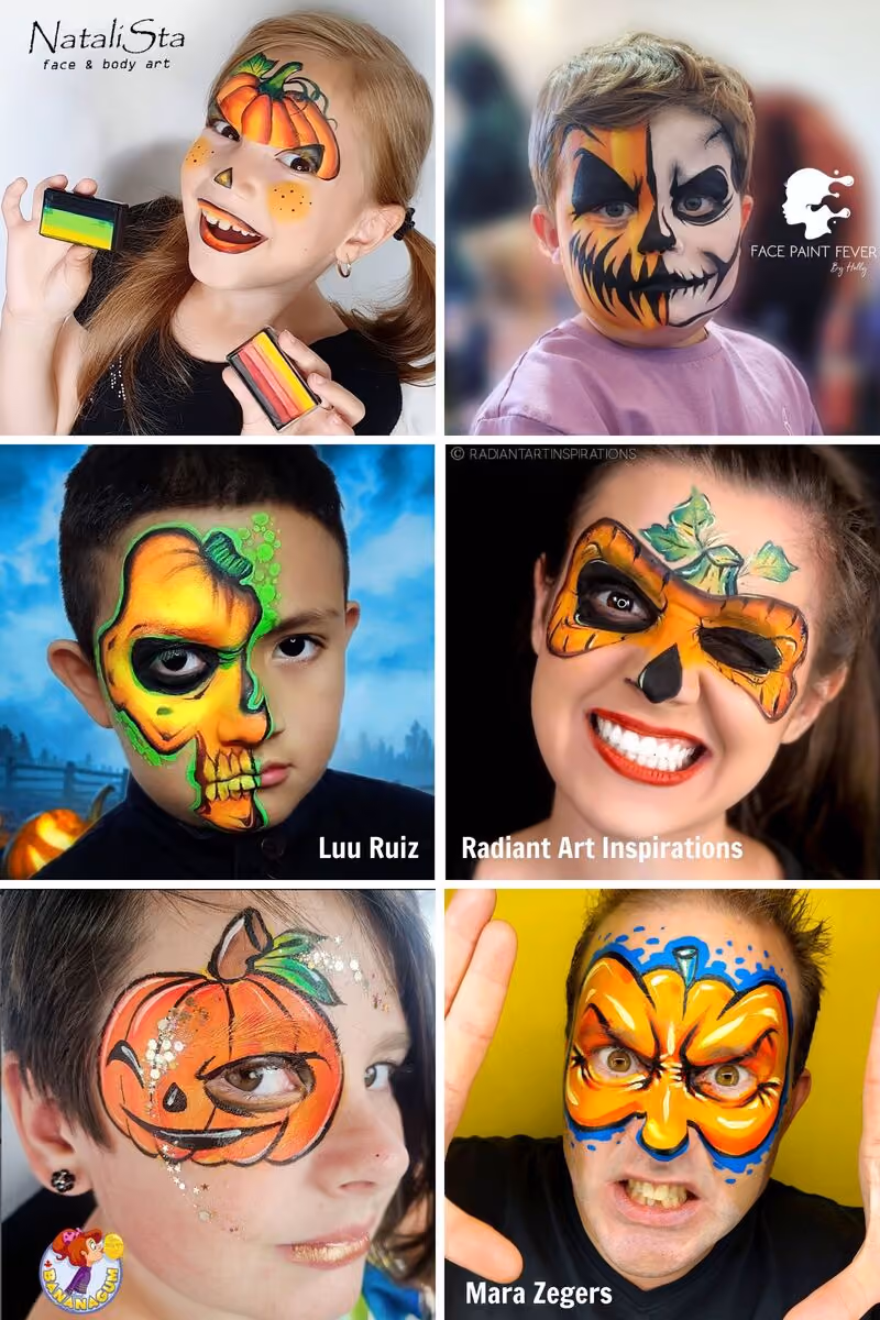 six people wearing different pumpkin face paint designs