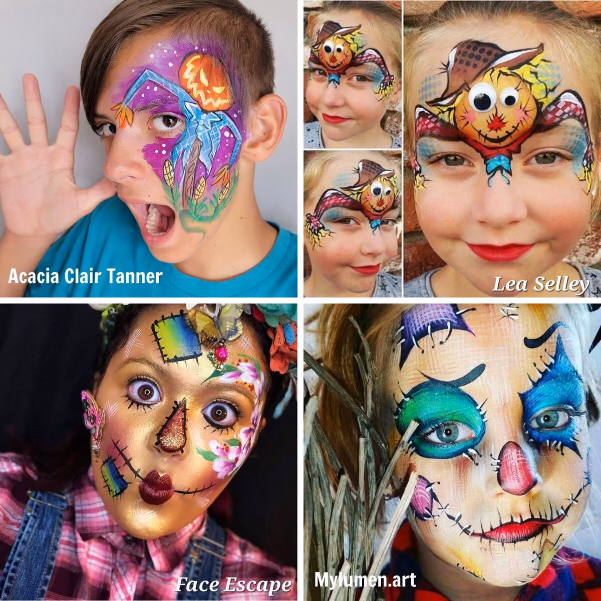 three children and a woman wearing different scarecrow face paint designs