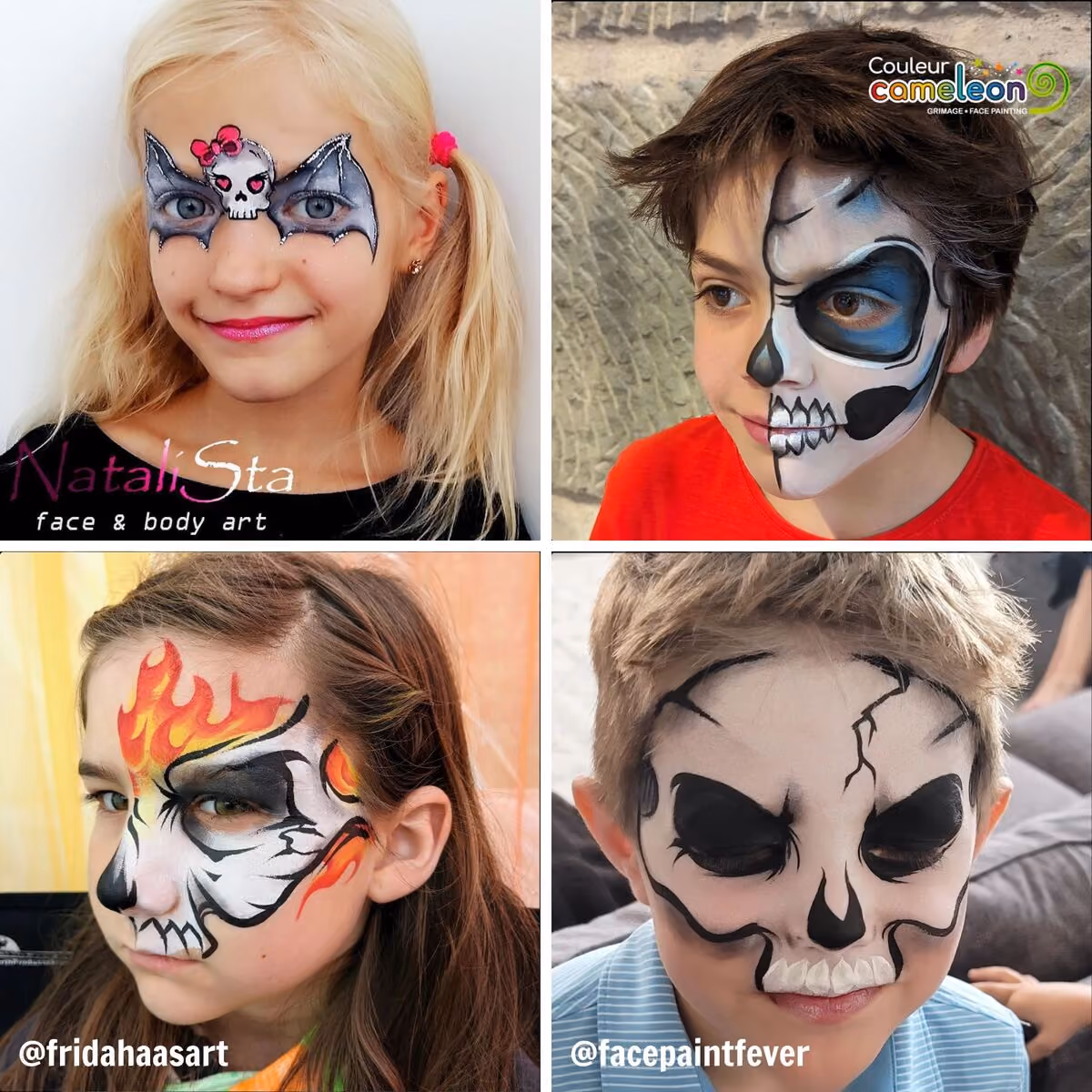 four children - one is wearing a bat skull face paint and other three are wearing skull face paintings