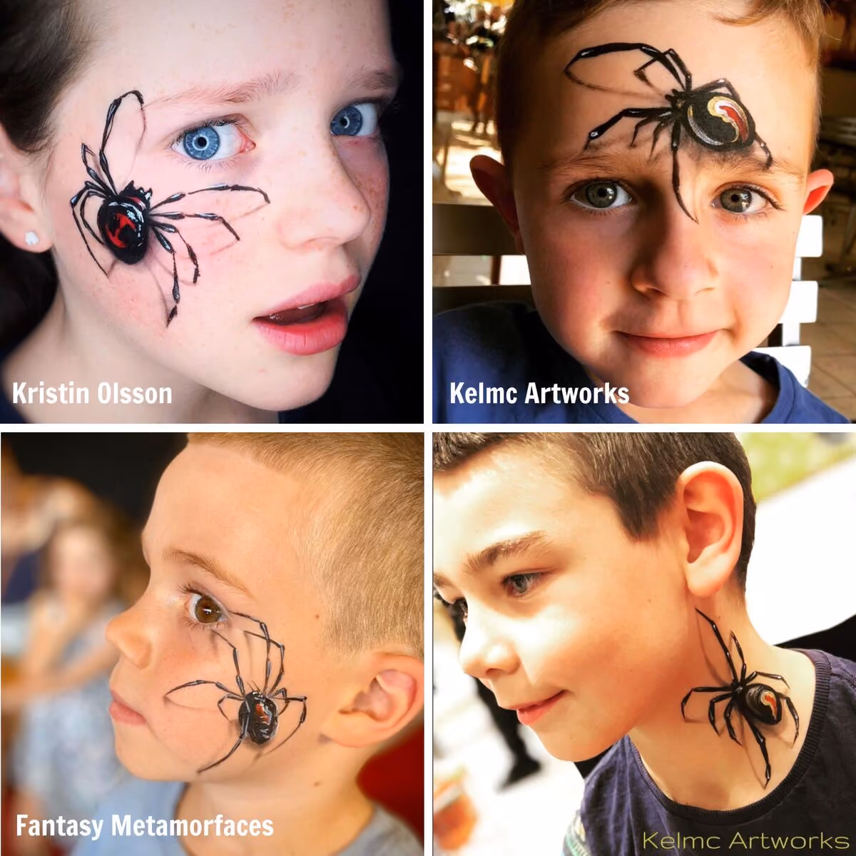 an image of four boys wearing different spider face paintings