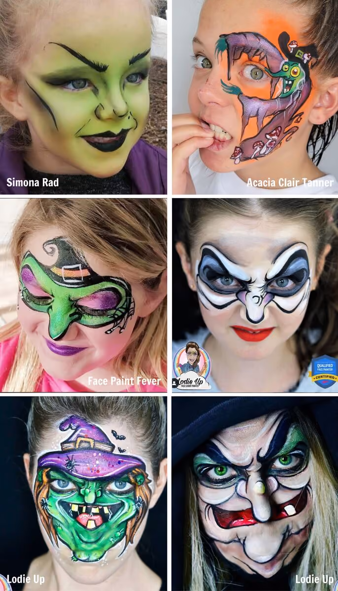 two women and four girls wearing different witch face paint designs