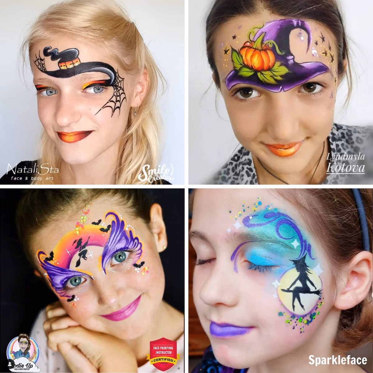 four girls wearing different witch face paint designs on them