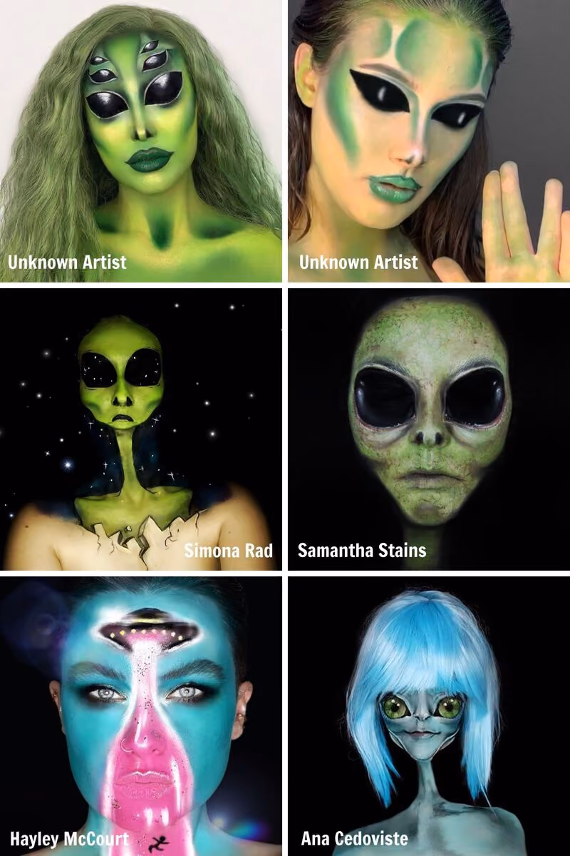 six women wearing different alien face paint designs