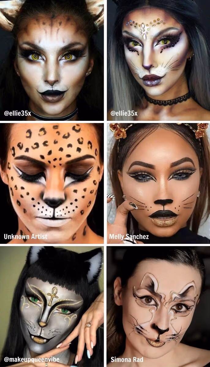 six women wearing different adult cat face paint designs
