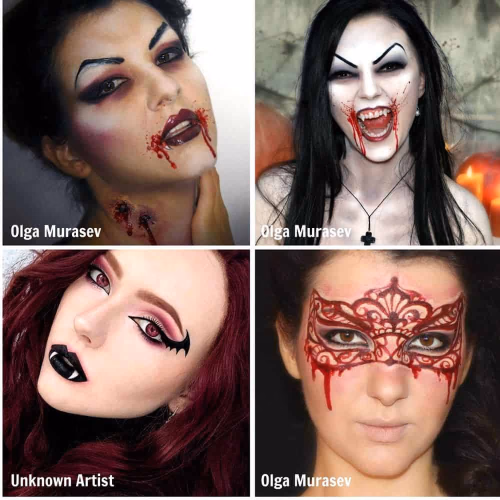 four women wearing different scary face painting designs
