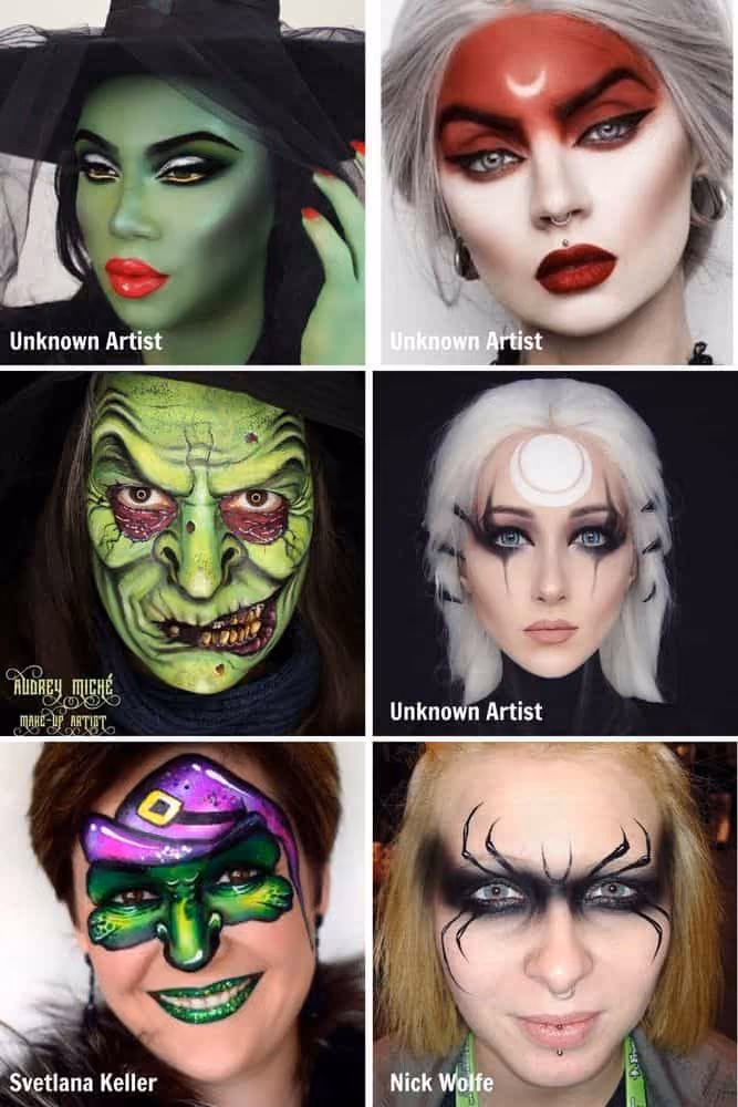 six women wearing various creepy halloween face paint designs