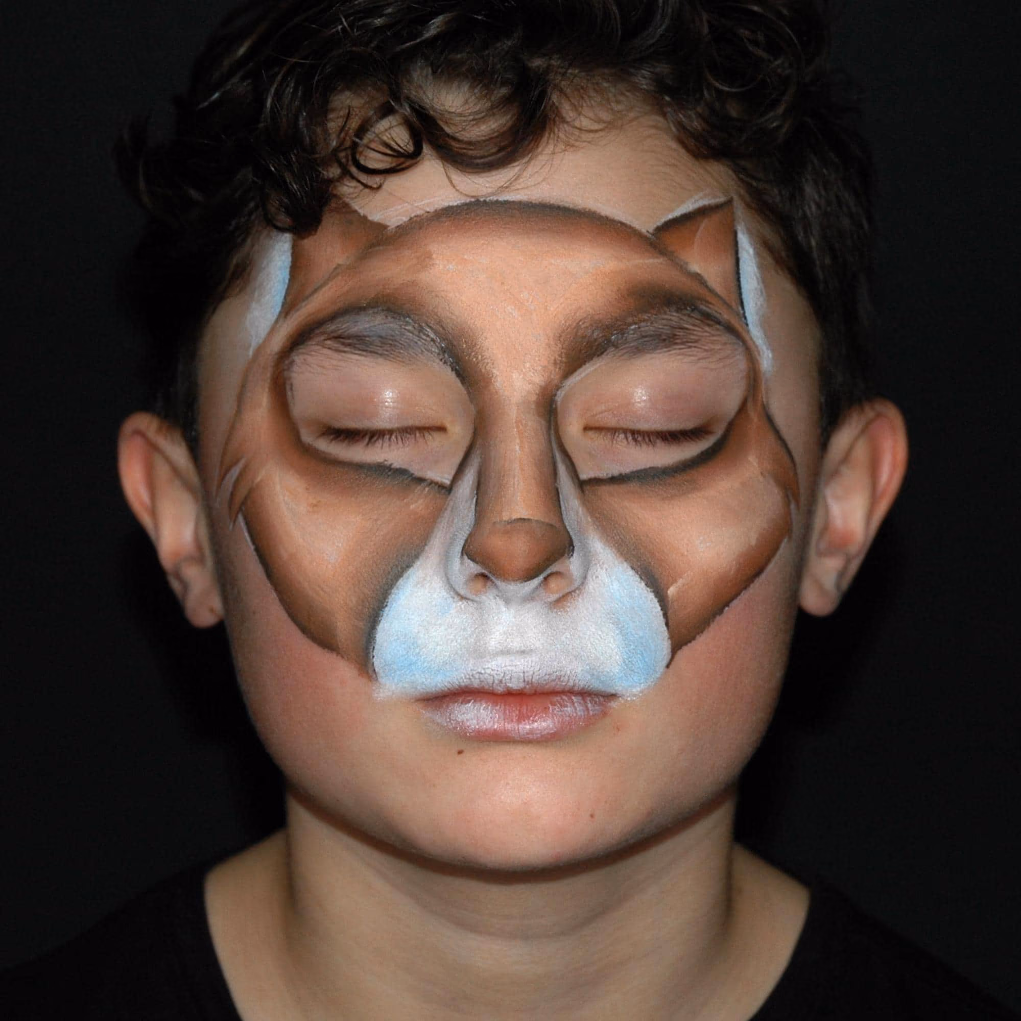 a boy with a creepy cat face paint designs thats in the middle of being made