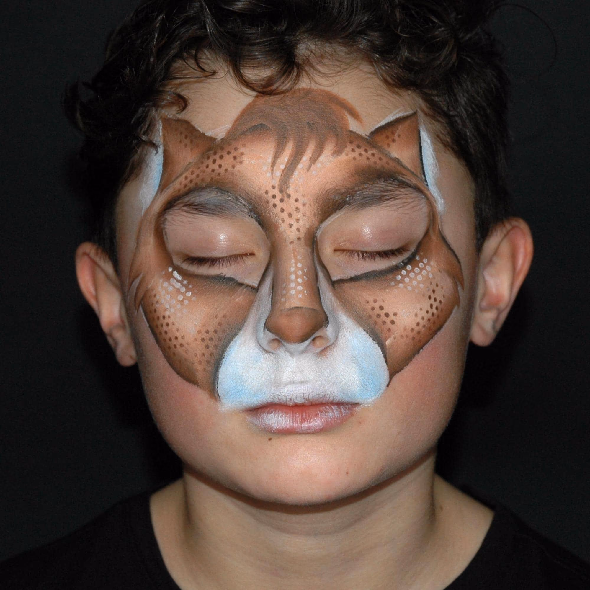 a boy with a creepy cat face paint now with added soft details like hair