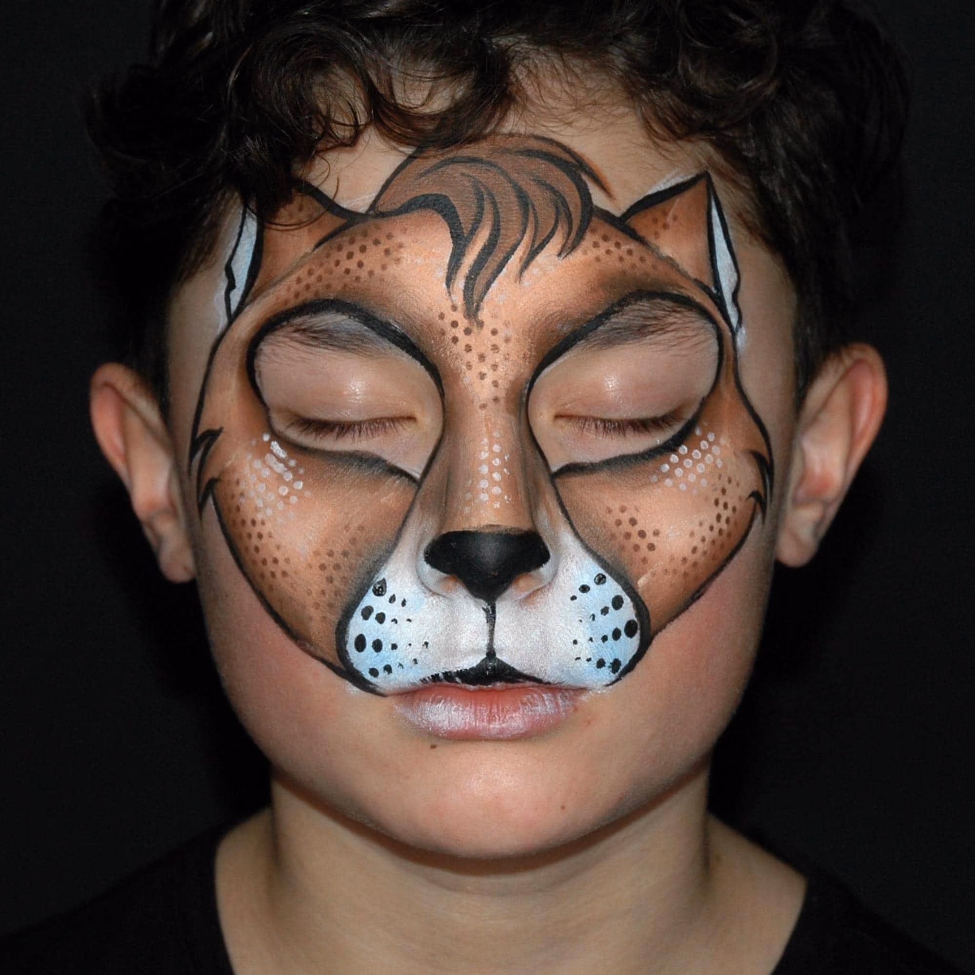 a boy with a creepy cat face paint now with a hard outline of the design