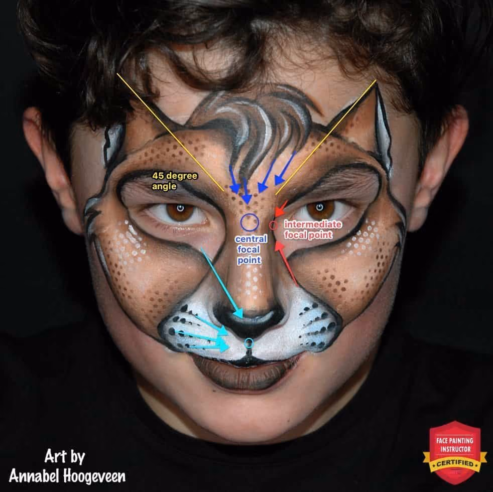 a boy wearing a creepy face paint design with arrows that explains focal points