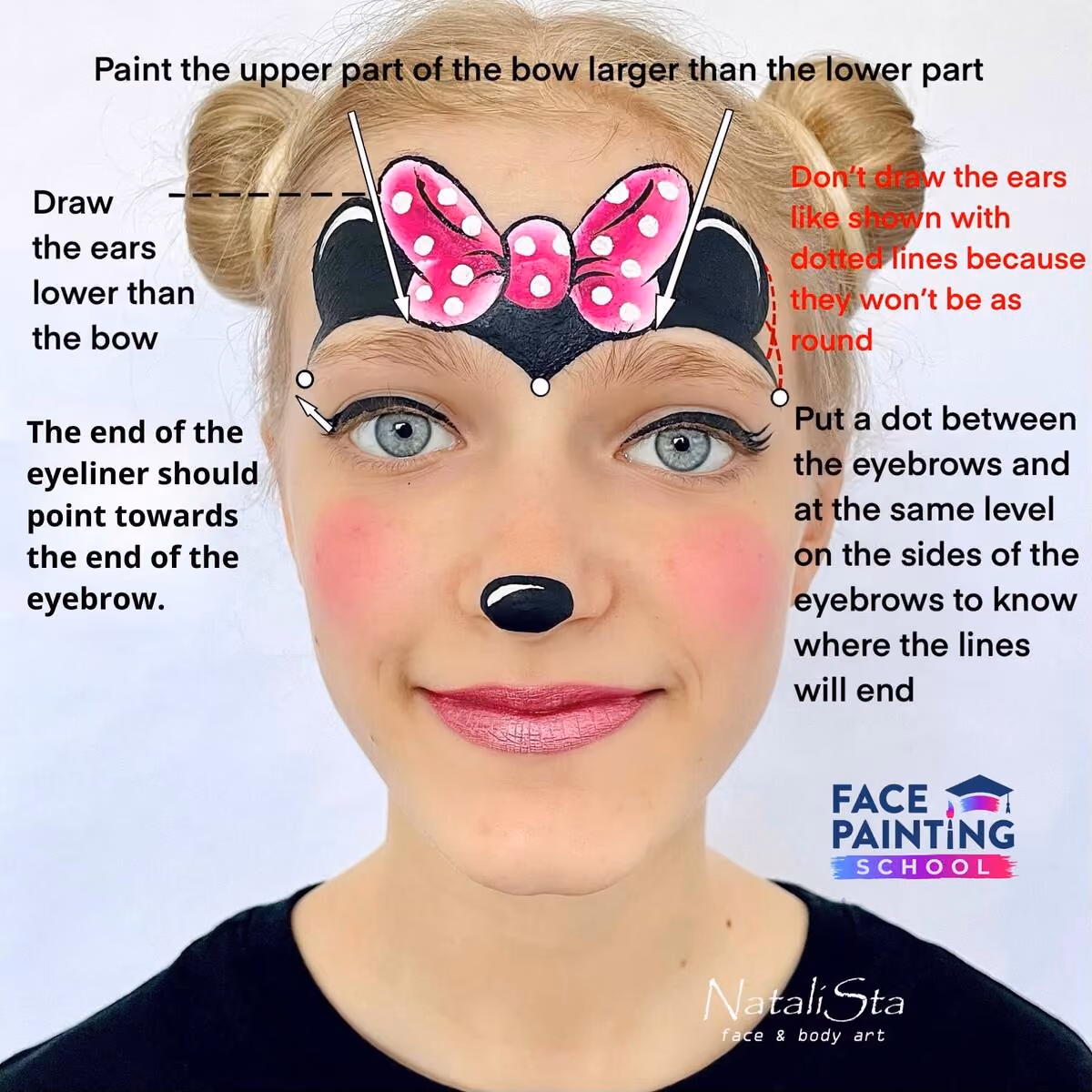a girl with a cute minnie mouse face paint design with arrows pointing to focal points