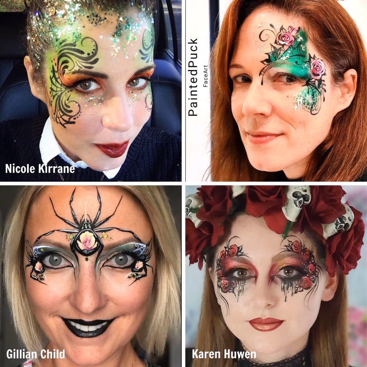 four women with different halloween themed face painting designs