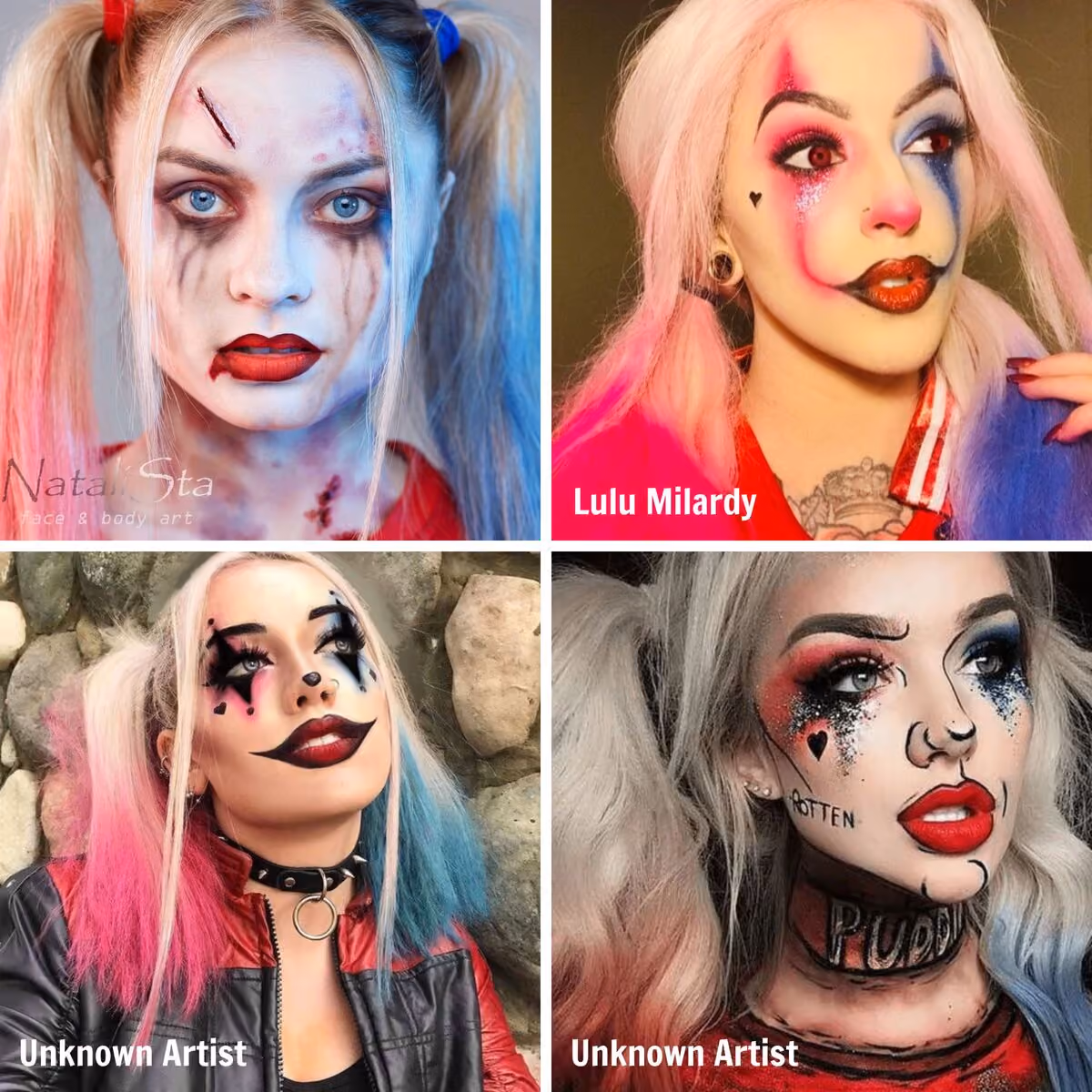four different harley quinn face paint designs