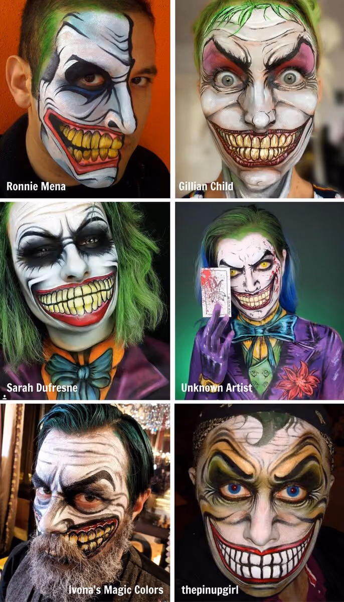 six different cartoony joker face paint designs