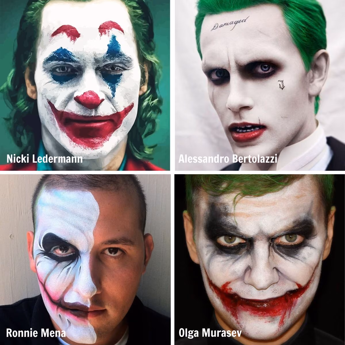 four men wearing different joker face paint designs