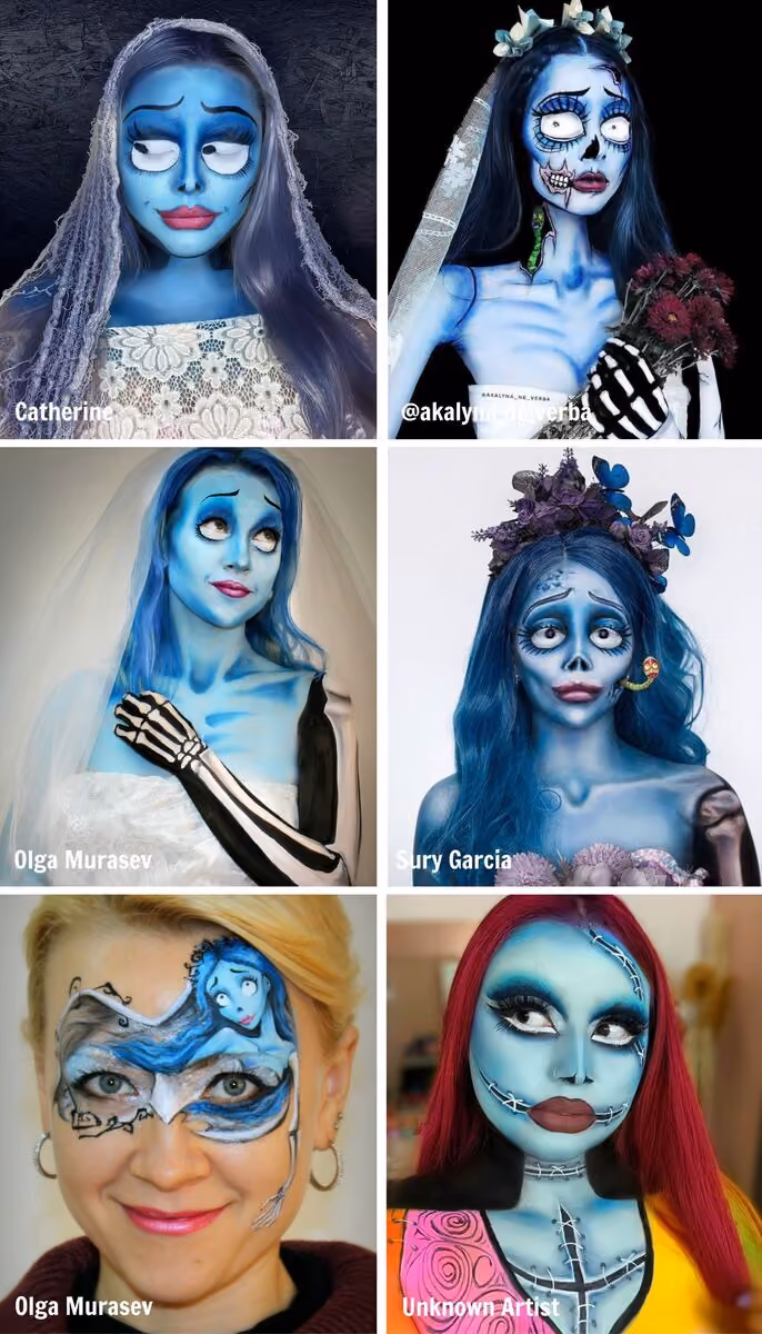 six women wearing the different Corpse Bride face paintning designs