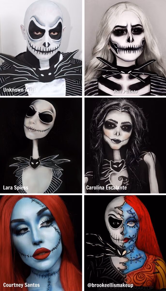 six different Corpse Bride face paint designs